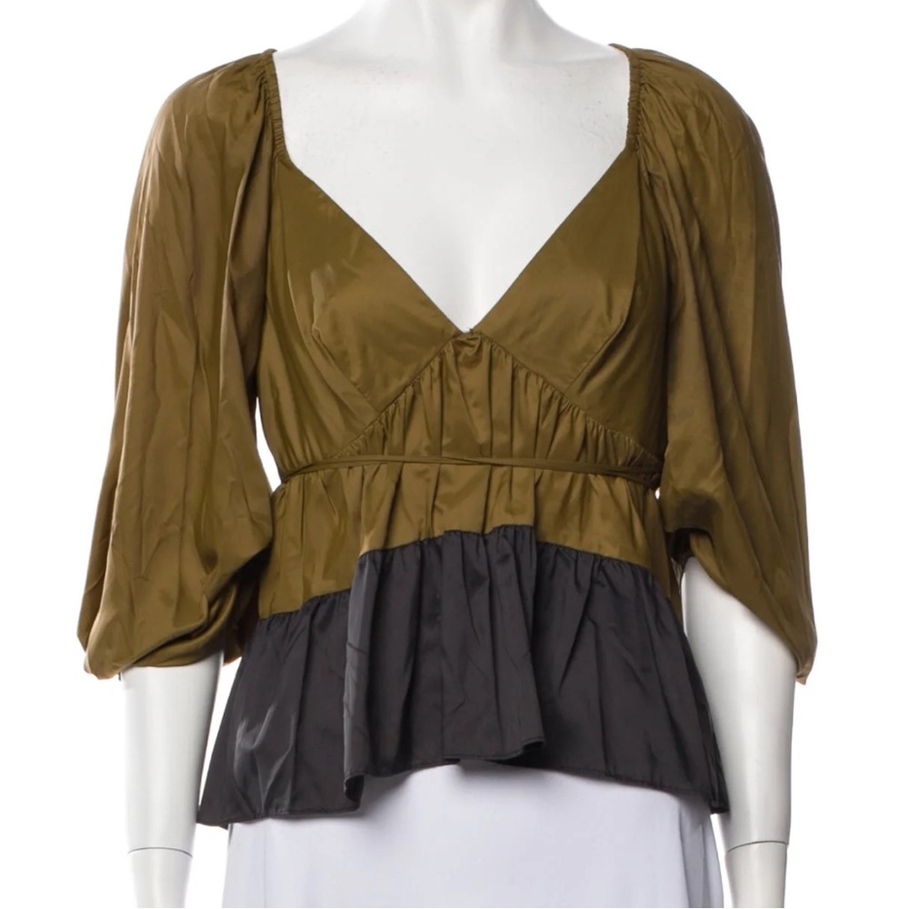 🌸 STAUD Olive and Black Peplum Nylon V Neck Crop Top Blouse size L Large